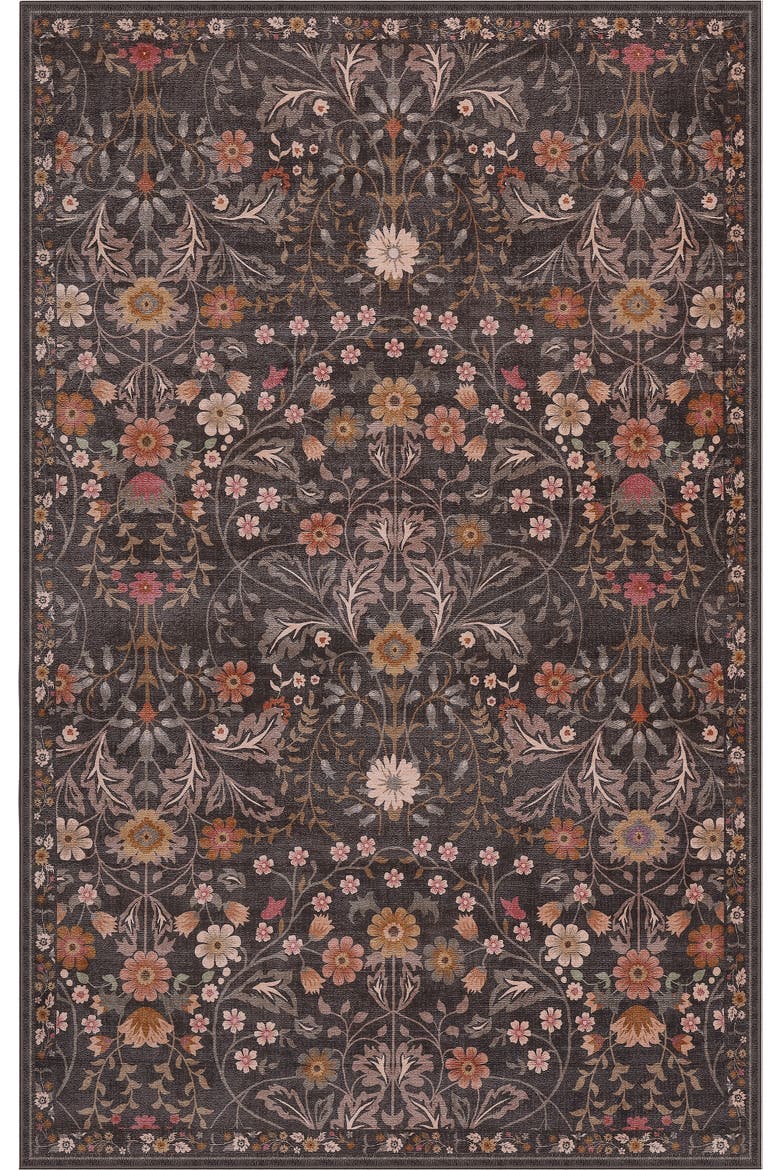 Primrose Art Nouveau Floral Border Non-Slip Machine-Washable Area Rug, Alternate, color, Taupe/Multi