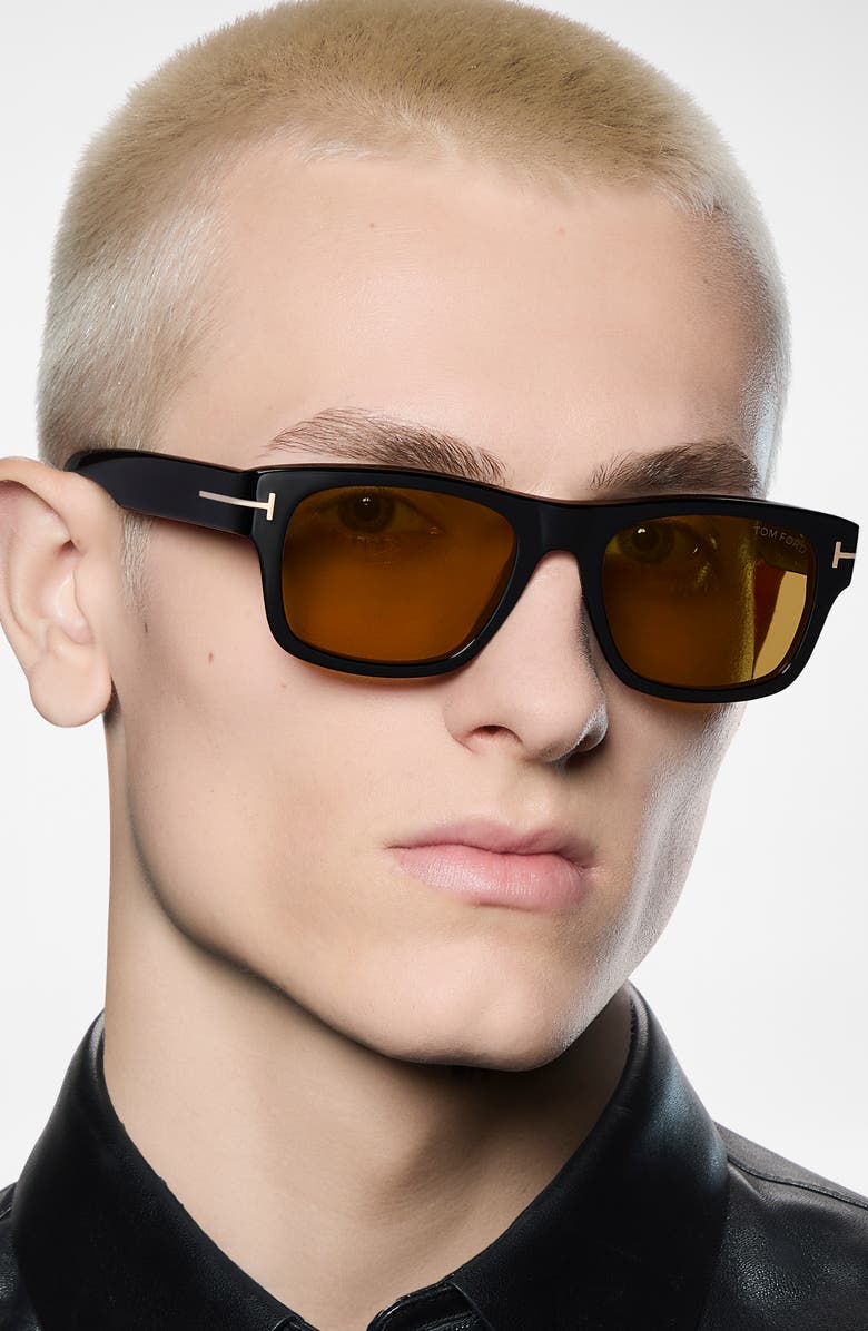 TOM FORD Smith-02 55mm Rectangular Sunglasses, Alternate, color, Shiny Black / Vicuna Lens