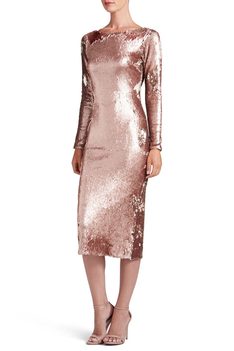 Emery Scoop Back Reversible Sequin Body-Con Dress, Main, color, ROSE GOLD/ NUDE