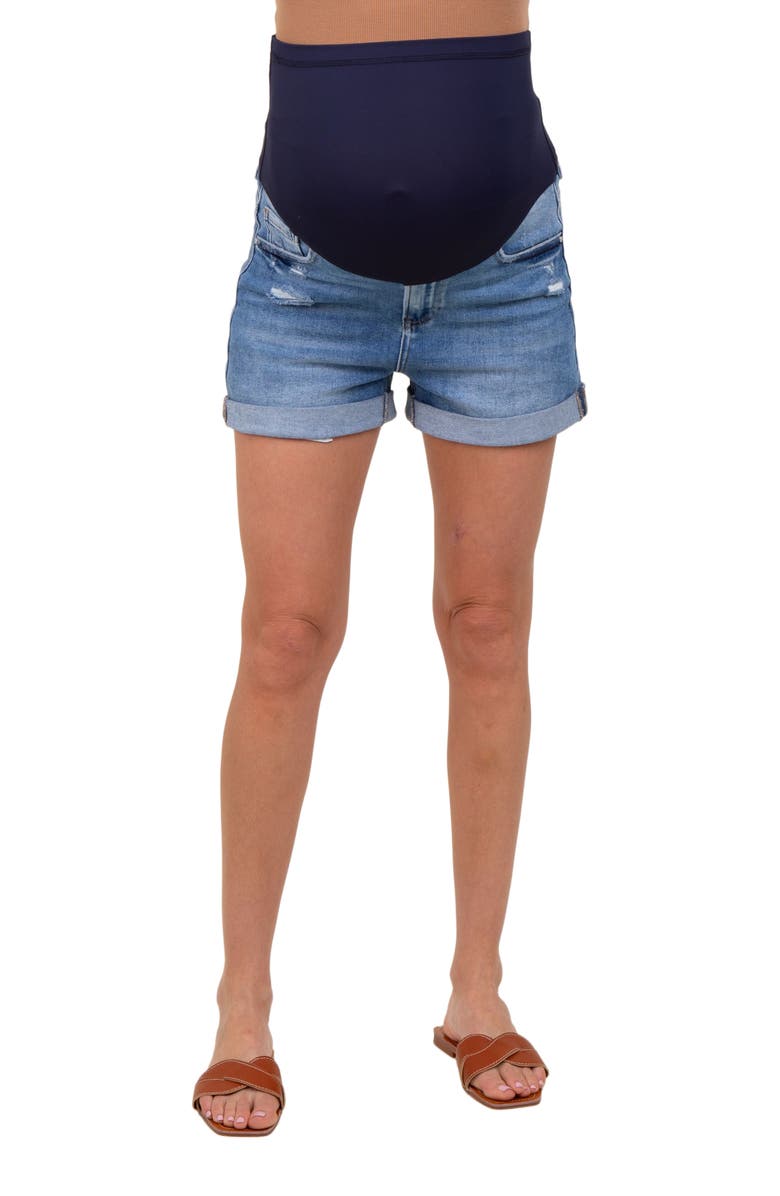 PinkBlush Distressed Rolled Cuff Maternity Jean Shorts, Alternate, color, Navy Blue