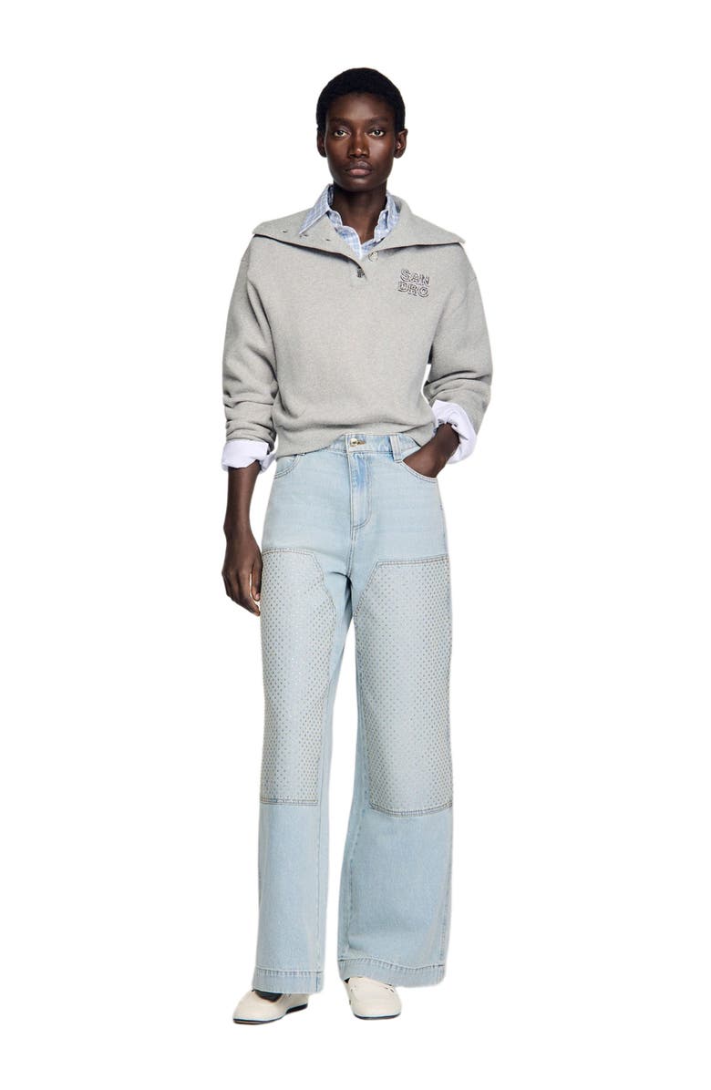 SANDRO Faded straight crystal patch jeans, Alternate, color, Light Bu Jean