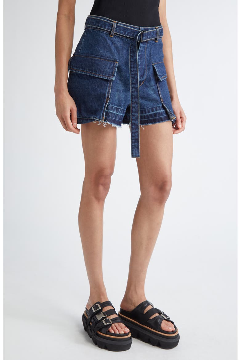 Belted Frayed Release Hem Cargo Denim Shorts, Main, color, BLUE 401