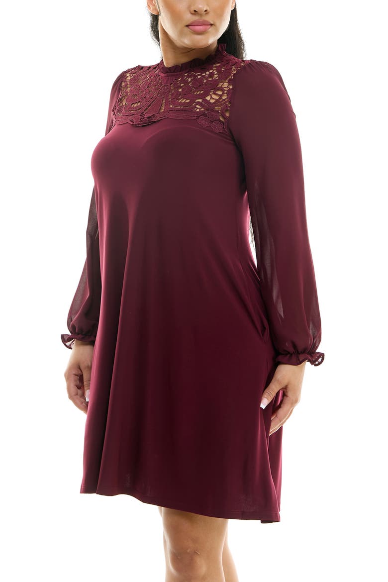 Lace Yoke Long Sleeve Trapeze Dress, Alternate, color, DEEP WINE