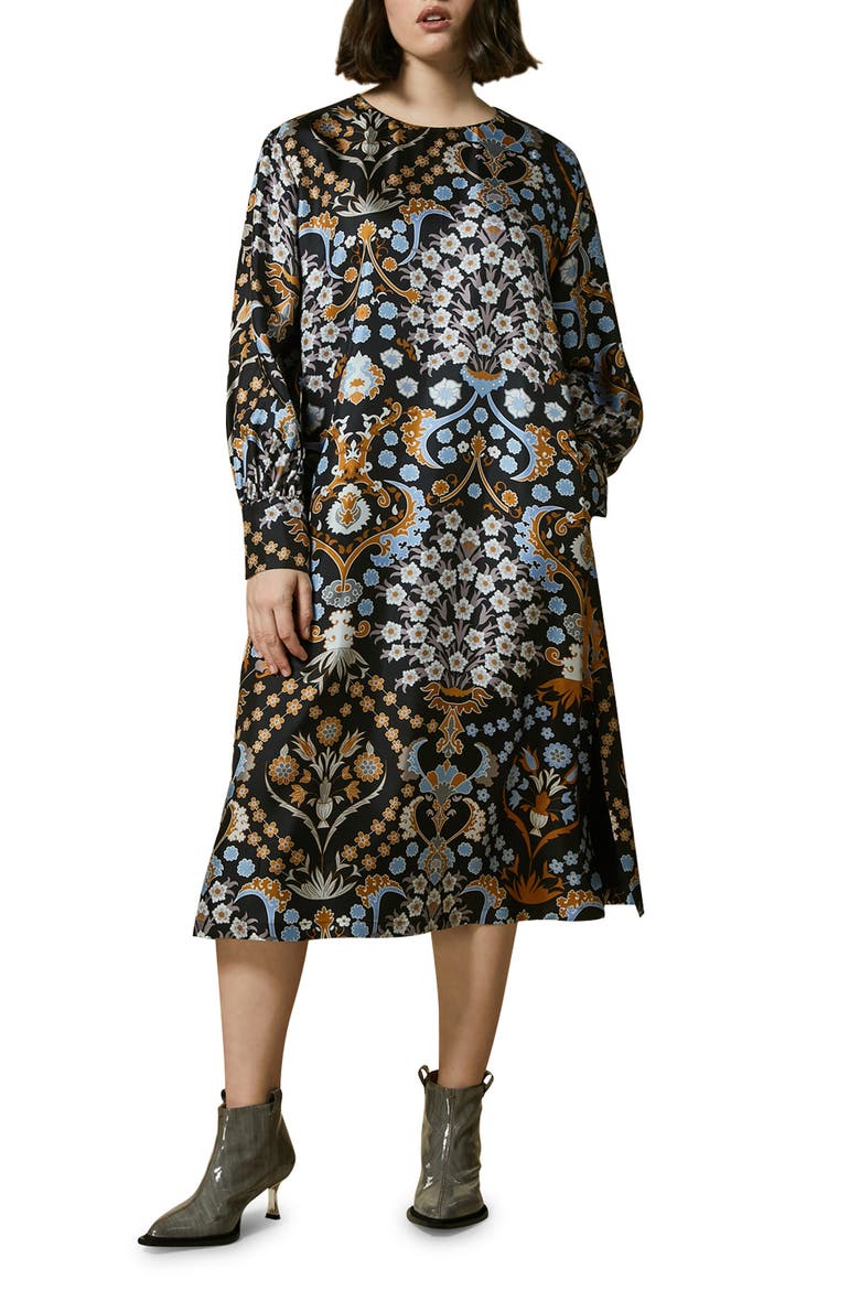 Floral Print Long Sleeve Silk Dress, Main, color, MULTI