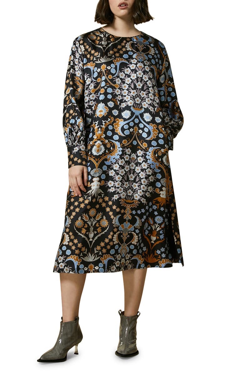 Marina Rinaldi Floral Print Long Sleeve Silk Dress, Main, color,