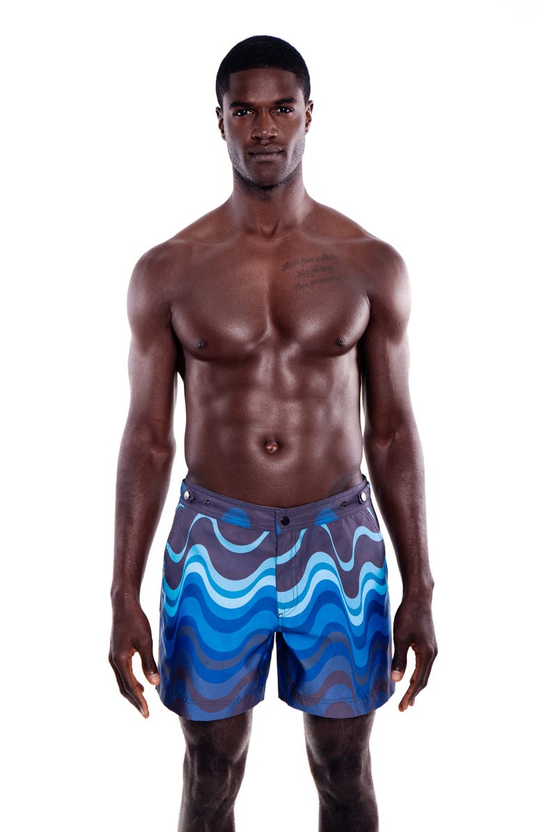 PRINCE & BOND Elvio Tailored Wave Print Hybrid Swim Trunks, Alternate, color, 
