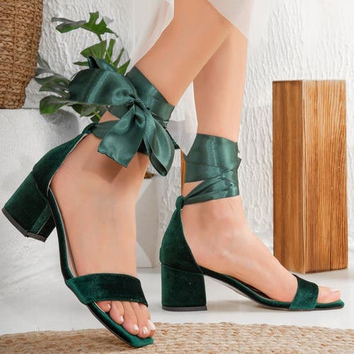 Forever & Always Shoes Women's Hera - Emerald Green Sandals With Ribbon In Emerald Green Velvet