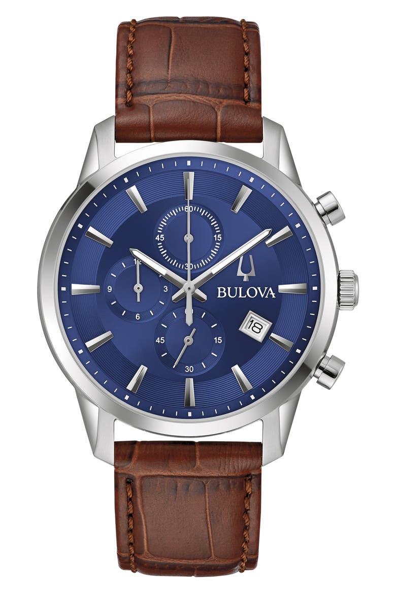 Sutton Leather Strap Chronograph Watch, 41mm, Main, color, SILVER-TONE