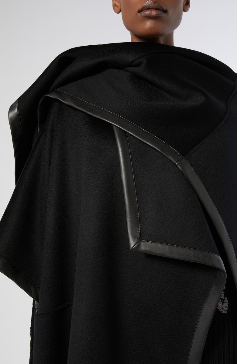 Marina Rinaldi Ortica Faux Leather & Virgin Wool Poncho, Alternate, color, Black