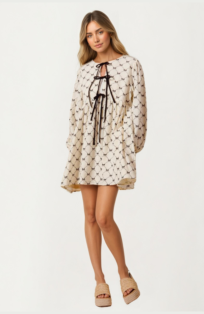 Knit and Lounge Bow Tie Front Soft Diamond Pattern Mini Dress, Alternate, color, 