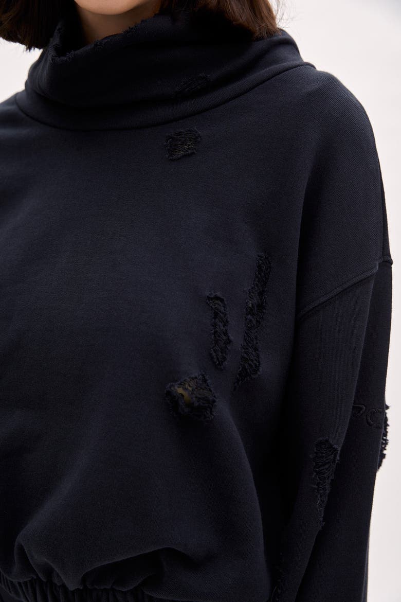 Cotton Destroyed High Neck Sweat, Alternate, color, BLACK