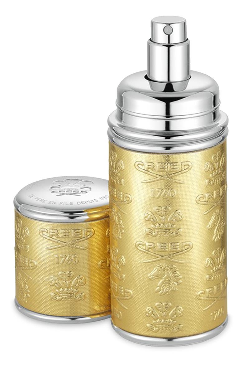 Refillable Deluxe Leather Atomizer, Main, color, GOLD/SILVER TRIM