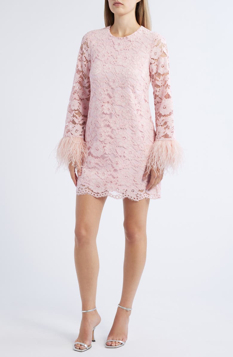 LIKELY Lorie Feather Trim Long Sleeve Lace Minidress, Main, color, 