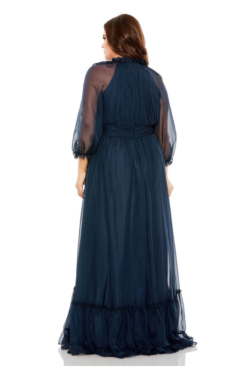 Mac Duggal Elegant Ruffled High Neck Gown with Sheer Sleeves and Pleated Cummerbund, Alternate, color, Midnight