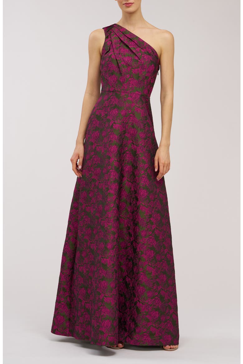 Ashley Metallic Floral Jacquard One-Shoulder Gown, Main, color, WILD BERRY/ PESTO