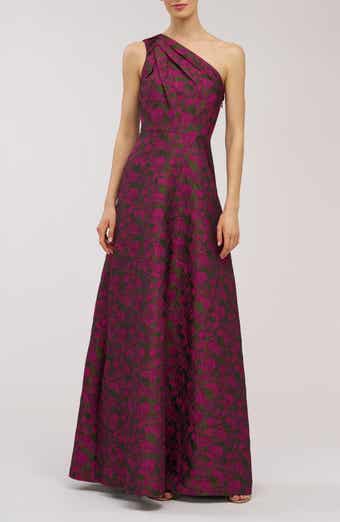Kay Unger Ashley Metallic Floral Jacquard One-Shoulder Gown