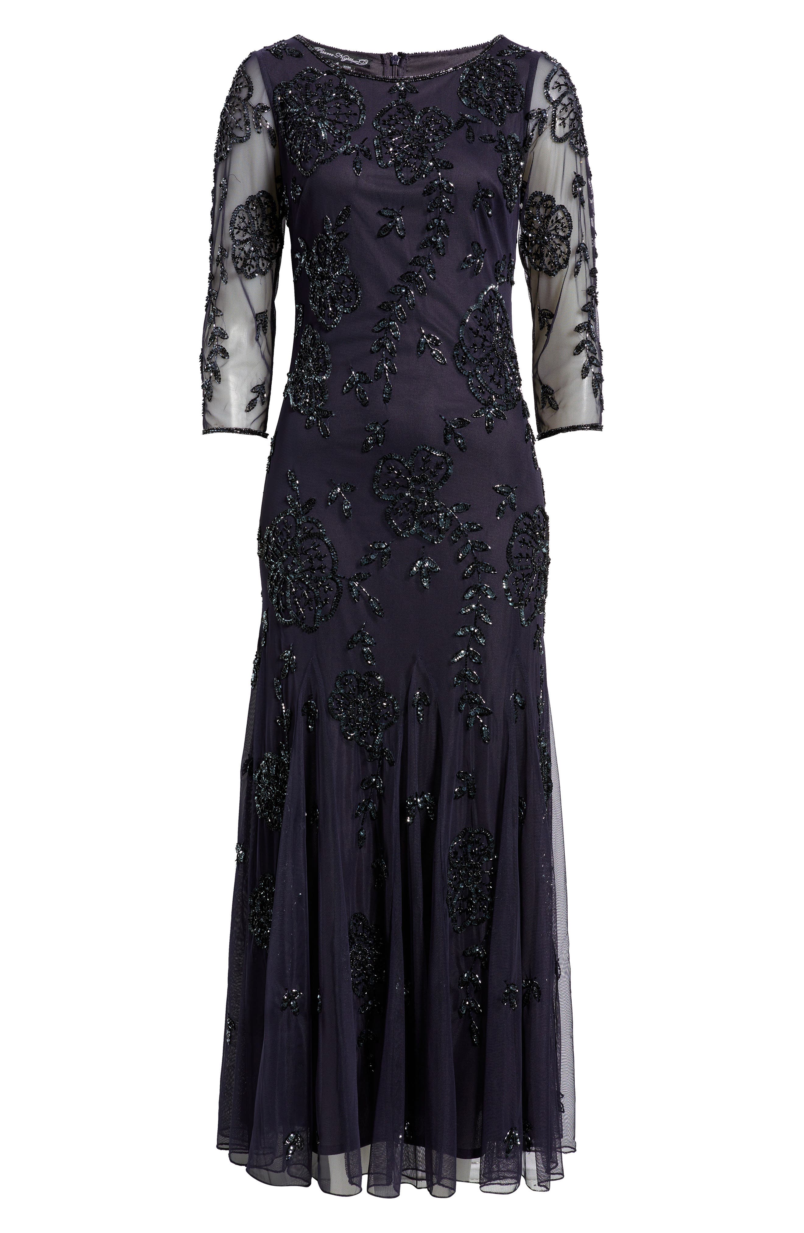 pisarro nights embellished mesh cocktail dress Pisarro Nights Beaded Mesh Cocktail Dress fringe hem new years Preowned  size 4