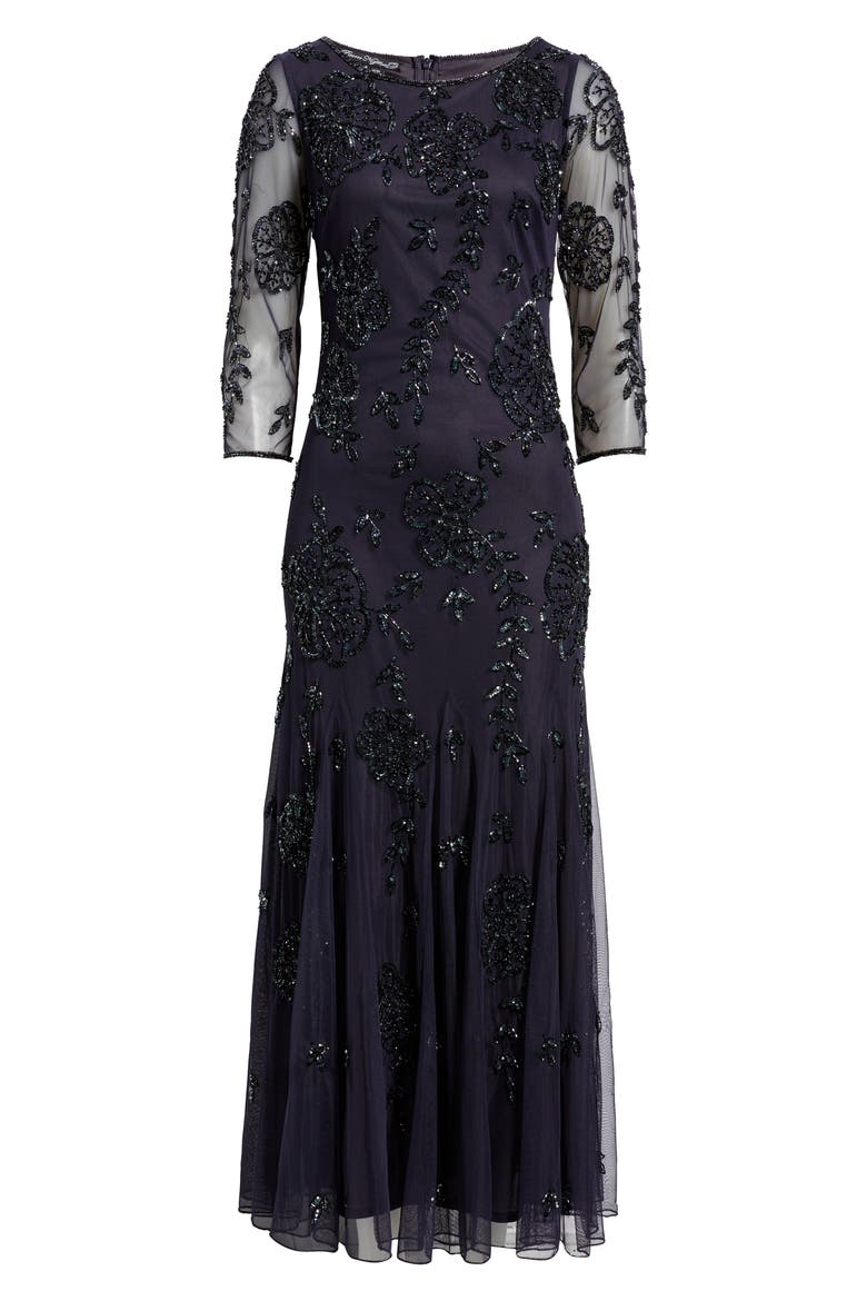 Beaded Floral Mesh Gown, Alternate, color, SLATE 421