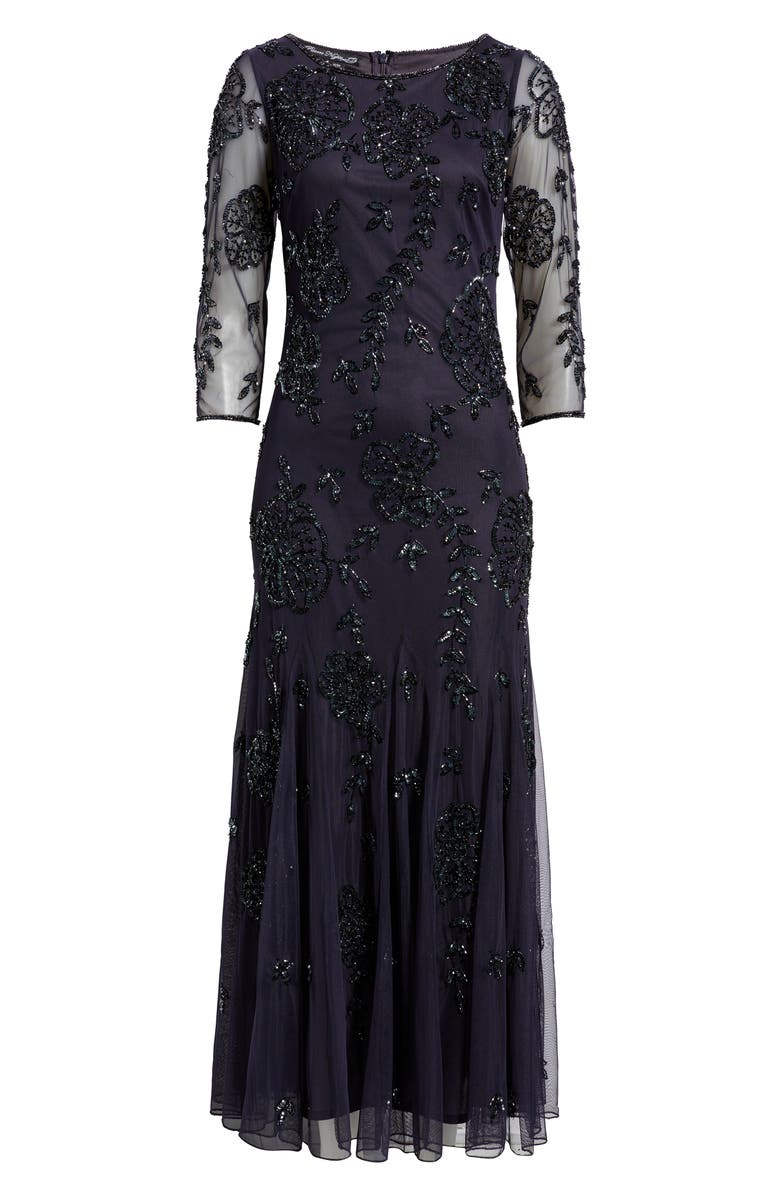 Pisarro Nights Beaded Floral Mesh Gown, Alternate, color, Slate 421