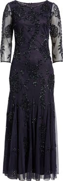 Pisarro Nights Beaded Floral Mesh Gown