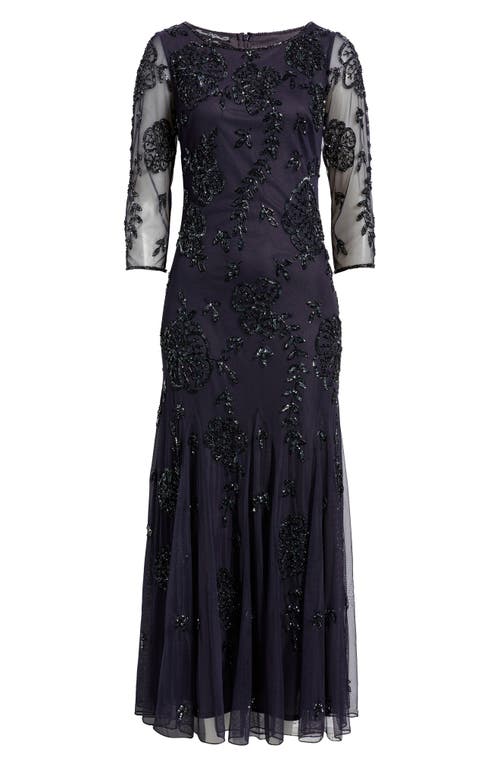 Pisarro Nights Beaded Floral Mesh Gown In Gray