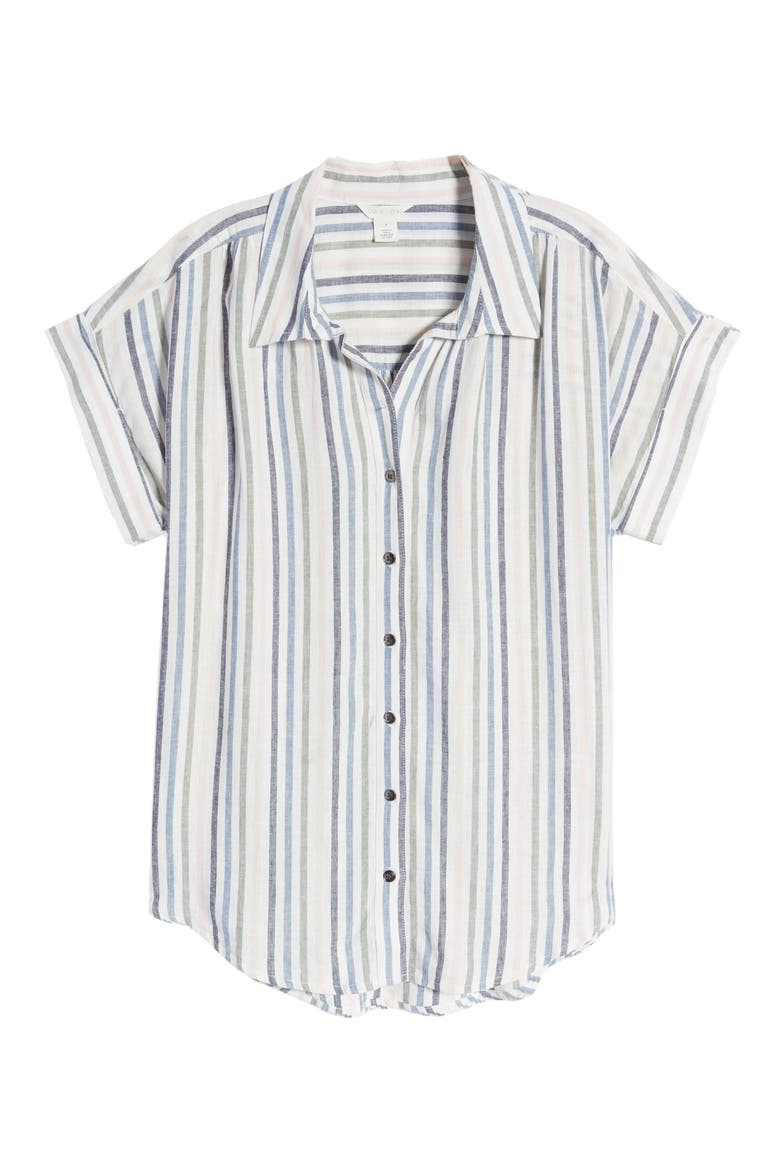 Short Sleeve Linen Blend Camp Shirt, Alternate, color, IVORY BLUE EVELYN STRIPE