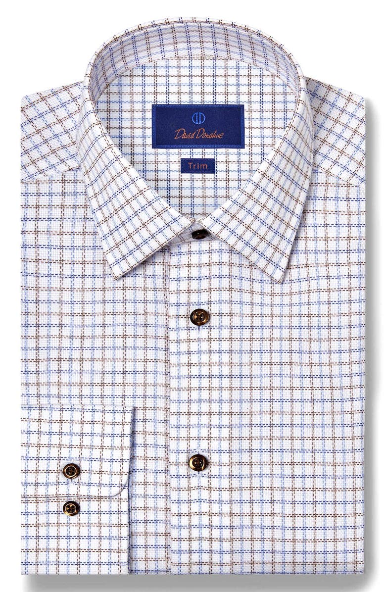 David Donahue Trim Fit Check Cotton Dobby Dress Shirt, Main, color, Blue/ Chocolate