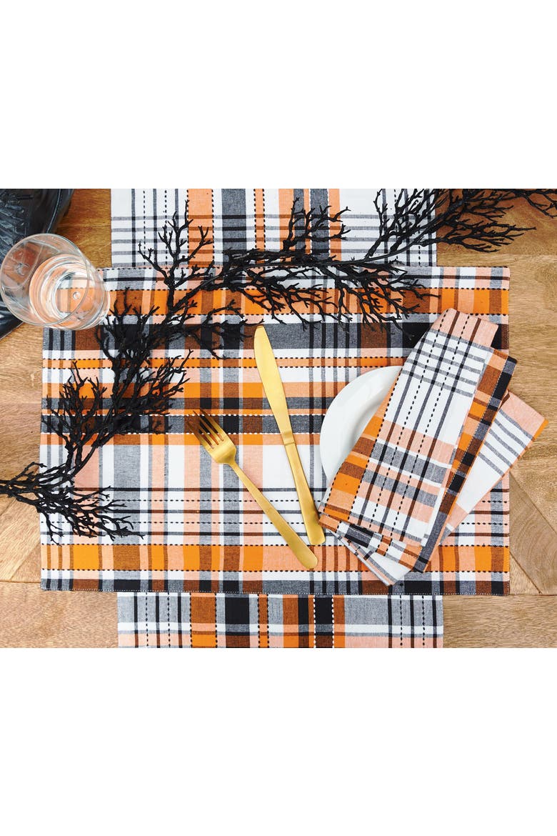 Zelda Black and Orange Halloween Plaid Cotton Napkin Set of 6, Alternate, color, Orange