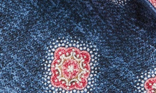 Edward Armah Medallion & Feather Reversible Silk Pocket Square Circle In Denim
