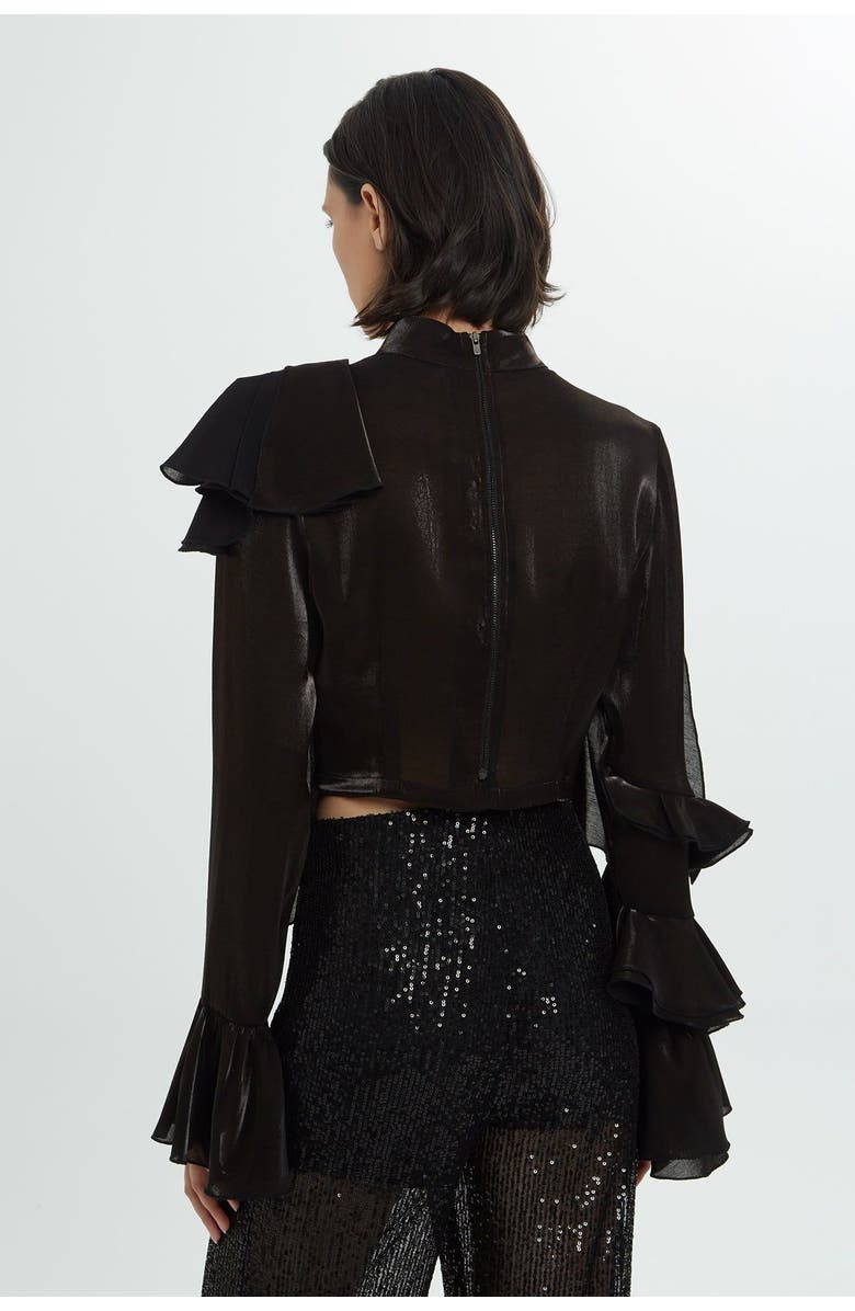 Gizia Back Zipper Ruffled Detail Black Blouse, Alternate, color, Black