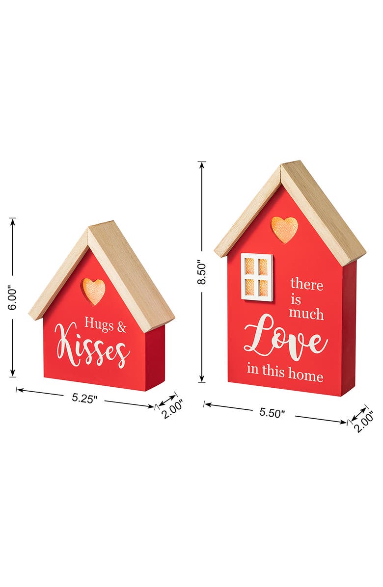 Glitzhome Set of 2 Lighted Valentine's Wooden House-shaped Table Decor, Alternate, color, Red