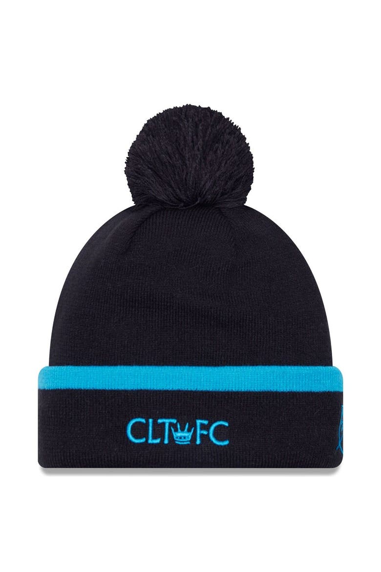 Men's New Era Black Charlotte FC Wordmark Kick Off Cuffed Knit Hat with Pom, Alternate, color, Black