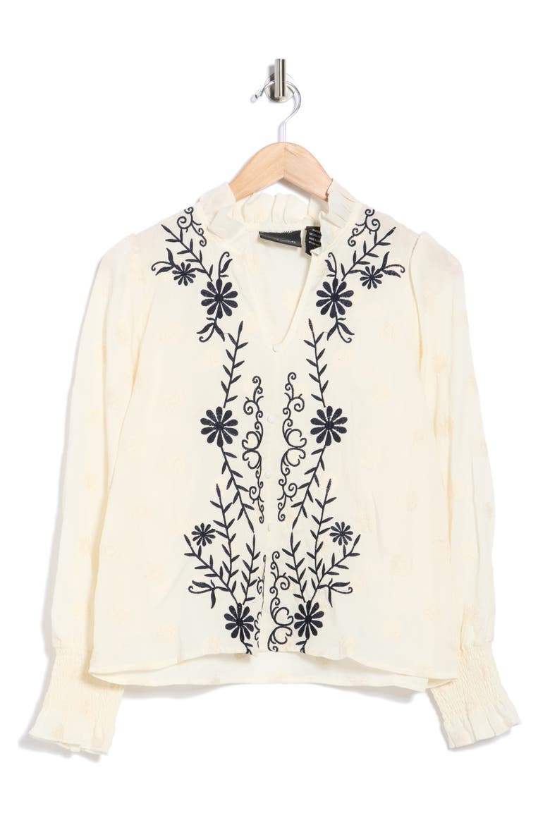 Floral Embroidered Smocked Cuff Top, Alternate, color, NATURAL