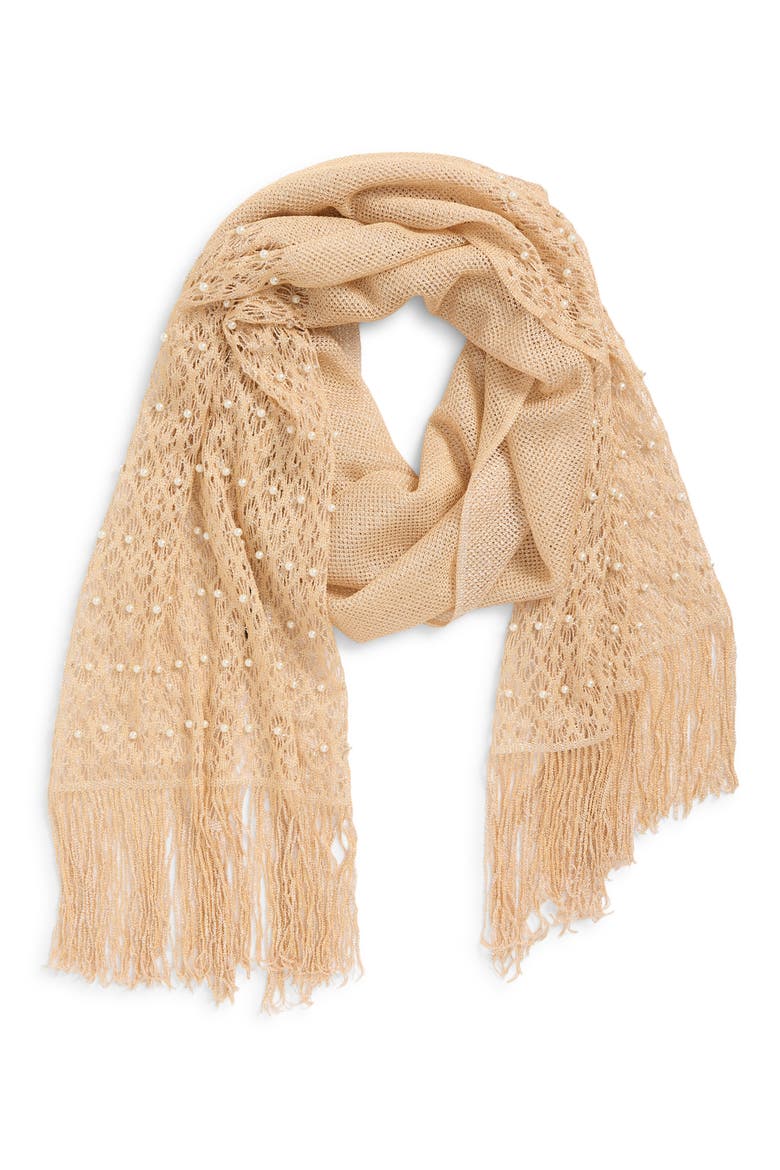 Mesh Scarf with Fringe & Pearl Beads, Main, color, BLUSH