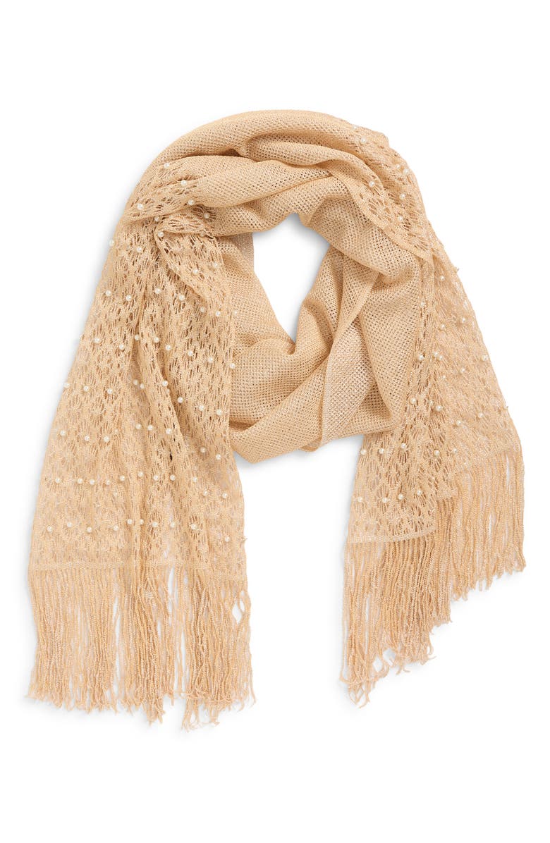 Tasha Mesh Scarf with Fringe & Pearl Beads, Main, color,