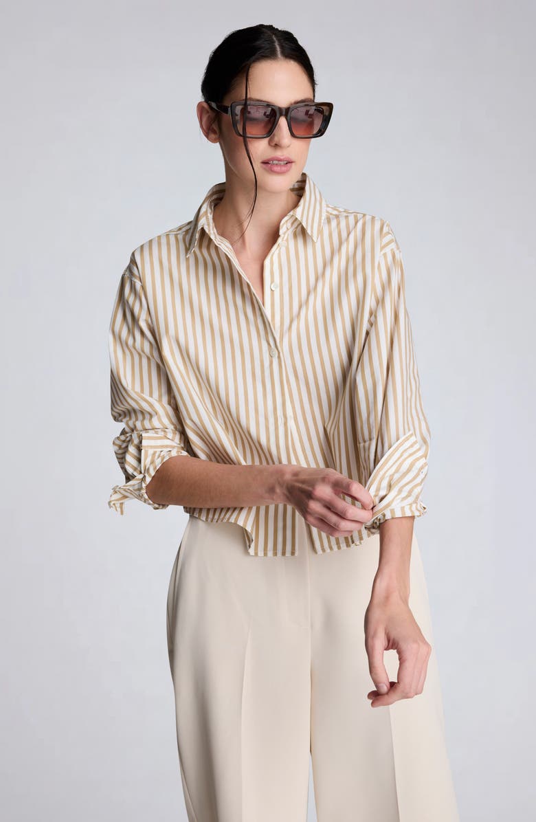 Kenneth Cole Stripe Button-Up Crop Top, Alternate, color, Pure White/ Burlap