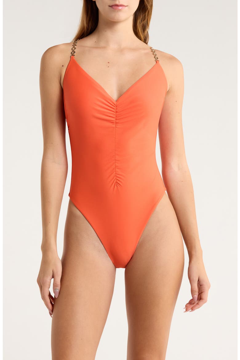 Monique Shirred One-Piece Swimsuit, Main, color, VIVID ORANGE
