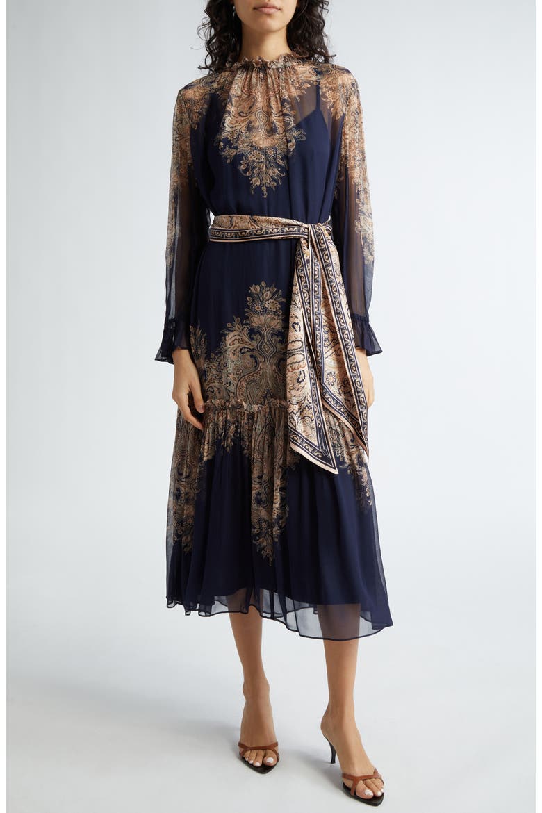 Natura Floral Paisley Belted Long Sleeve Midi Dress, Main, color, NAVY PAISLEY