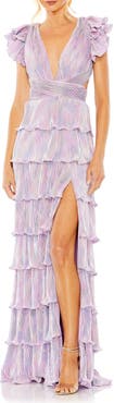 Ieena for Mac Duggal Ruffle Tiered Criss Cross Lace Up Gown