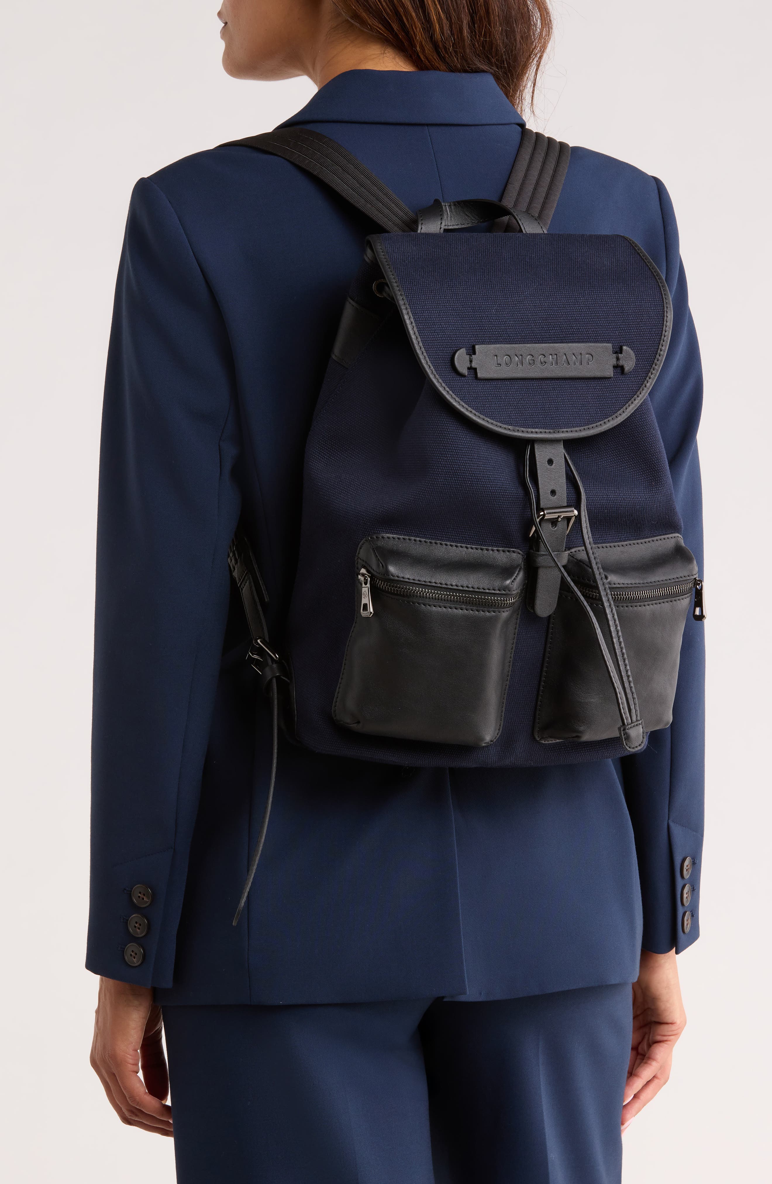 Longchamp 3D Leather & Twill Backpack, Alternate, color, Navy/Black