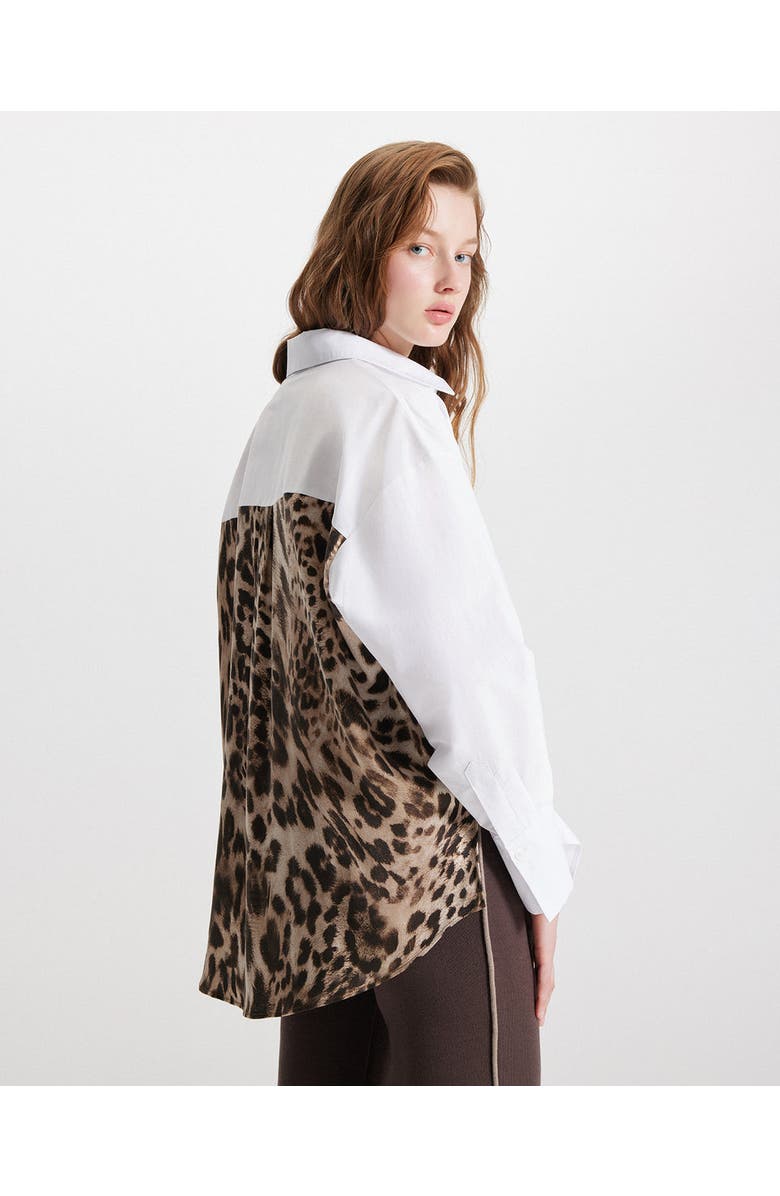 THEO The Label Echo Print Back Banker Shirt, Alternate, color, White/Leopard