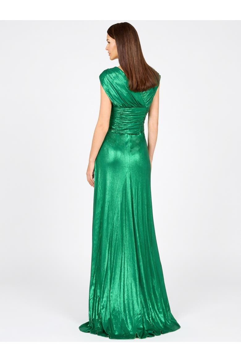 V-Neck Metallic Dress with Slit, Alternate, color, Green