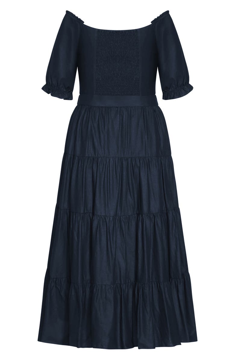City Chic Puff Sleeve Tie Belt Midi Dress, Alternate, color, Navy