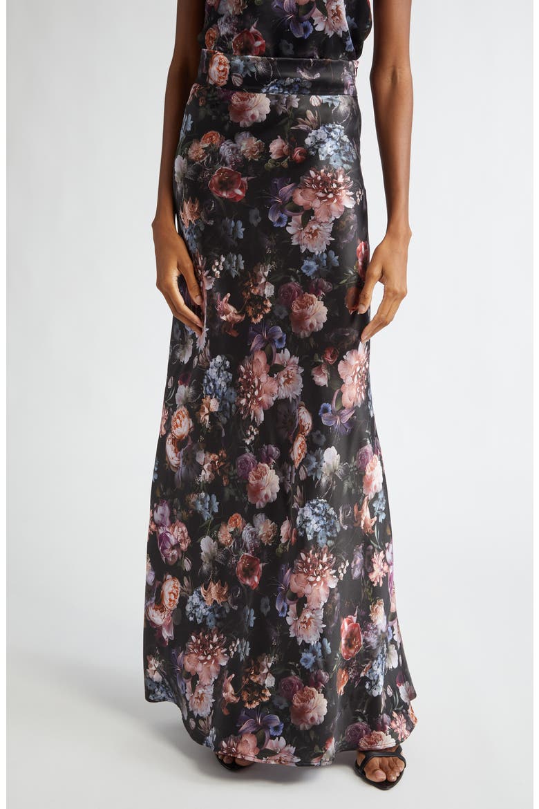 Ryker Bias Cut Silk Maxi Skirt, Main, color, BLACK MULTI VINTAGE OIL FLOWER