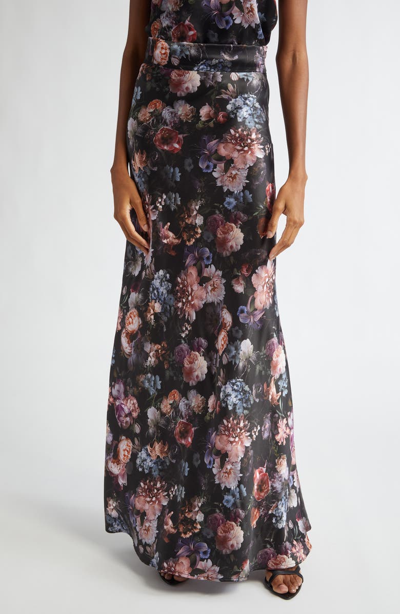 L'AGENCE Ryker Bias Cut Silk Maxi Skirt, Main, color, Black Multi Vintage Oil Flower