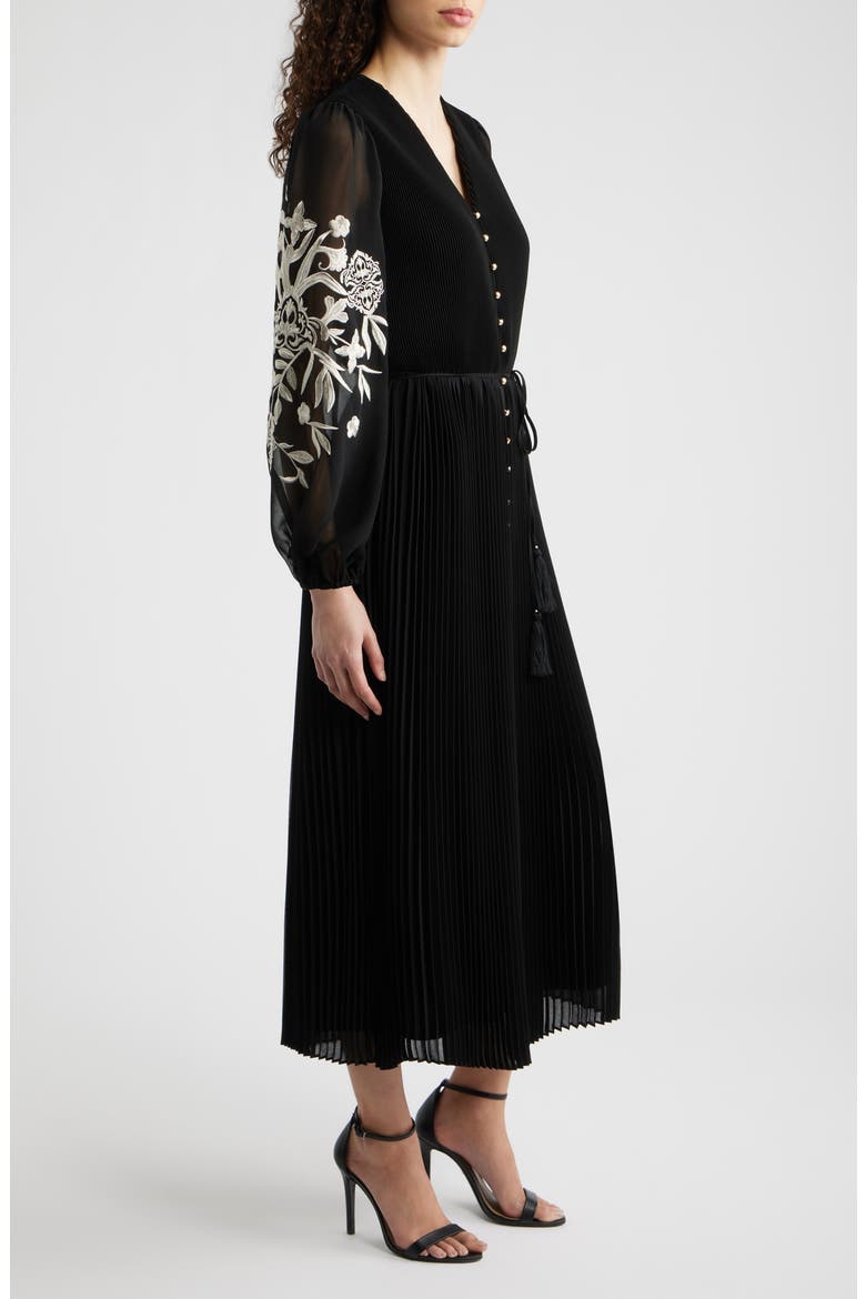 The Amanda Embroidered Long Sleeve Satin Dress, Alternate, color, NOIR