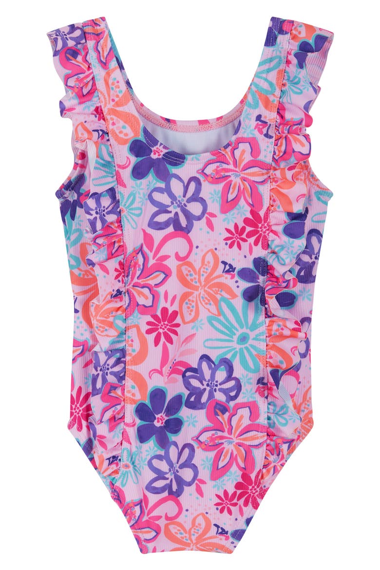 Ribbed Ruffled One-Piece Swimsuit, Main, color, PURPLE TROPIC