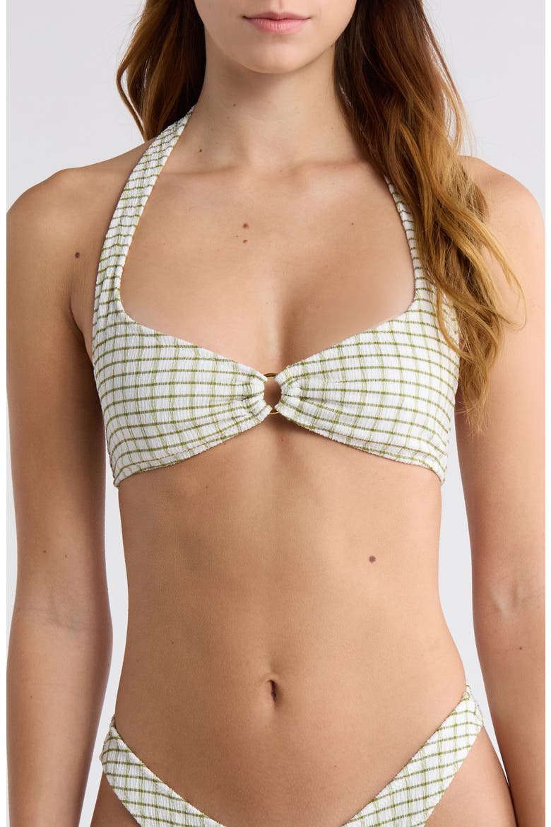 Jade Textured Halter Bikini Top, Main, color, GREEN/ TAN PLAID