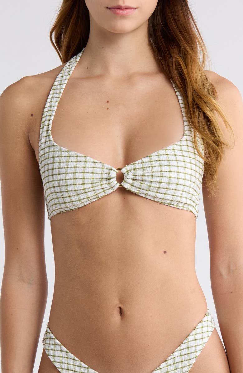 PacSun Jade Textured Halter Bikini Top, Main, color, Green/ Tan Plaid
