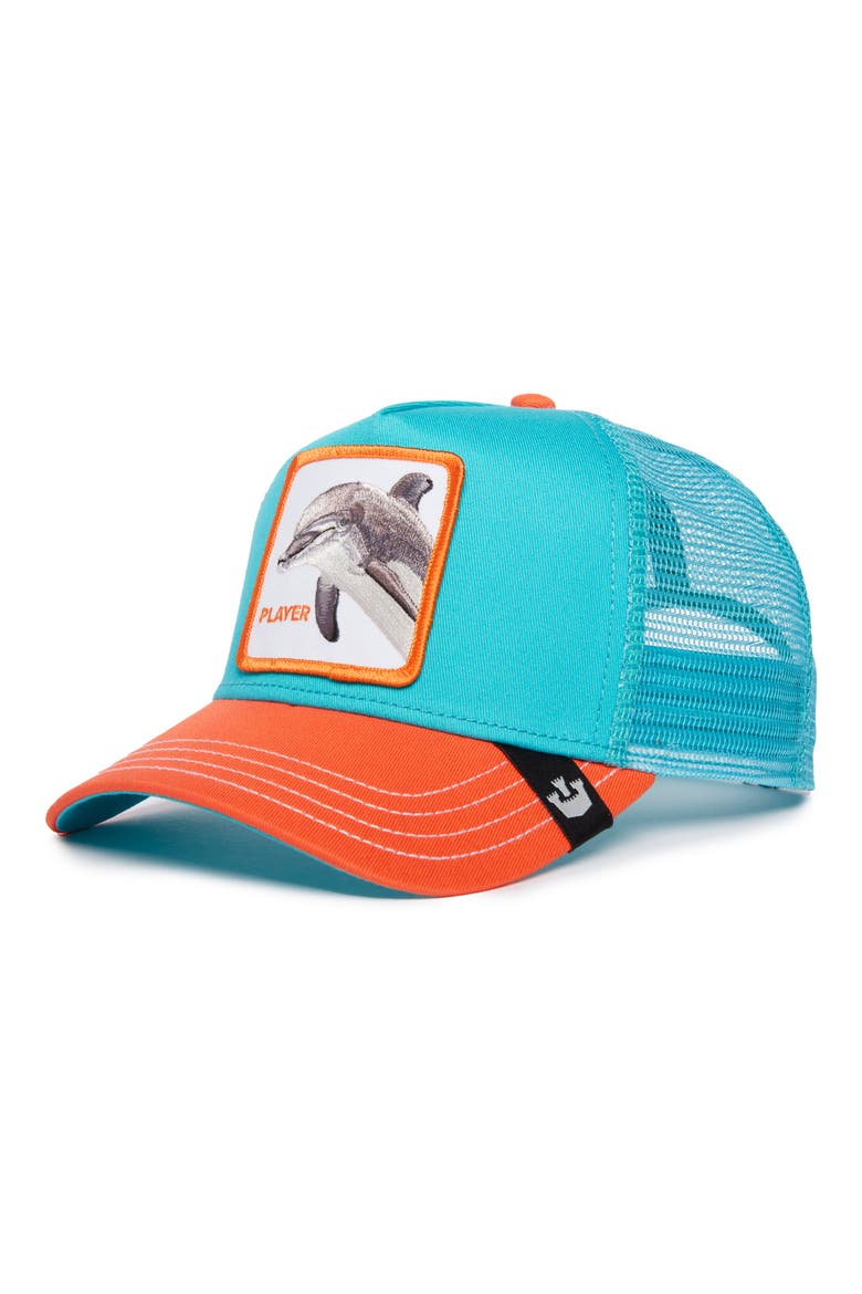 The Player Dolphin Trucker Hat, Main, color, TURQUOISE